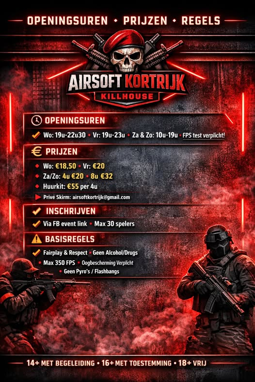 Openingsuren, prijzen en basisregels van Airsoft Kortrijk Killhouse